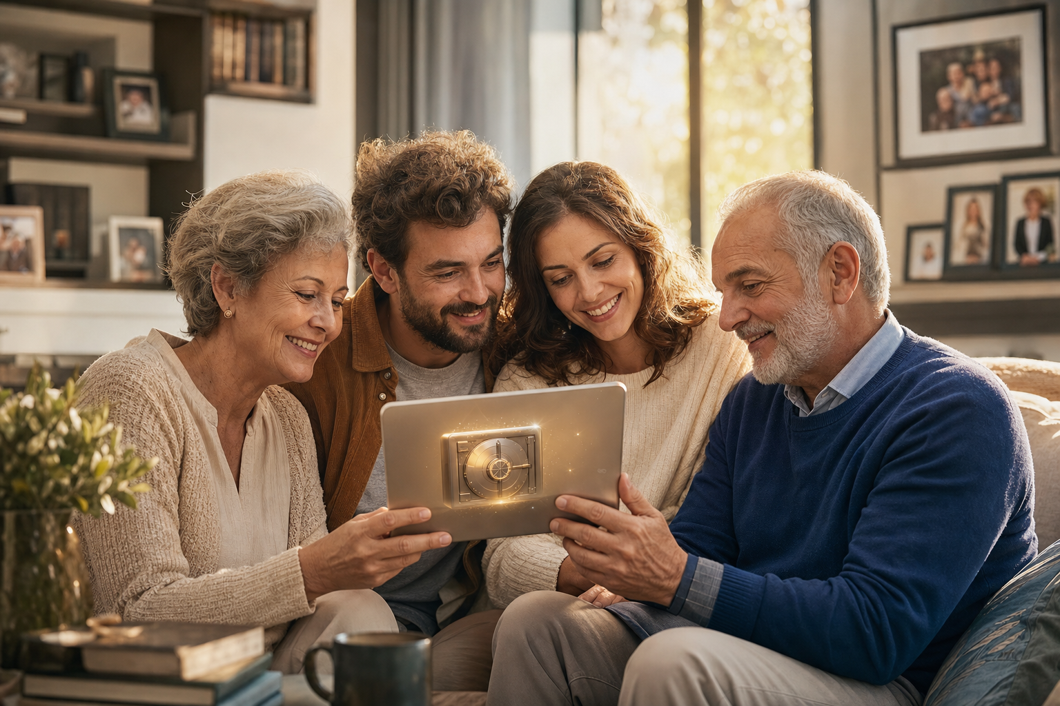 Family gathered around a digital vault on a tablet