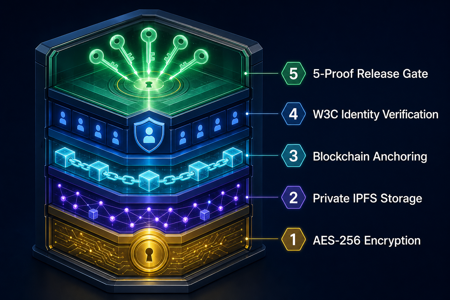 Five-layer security stack: AES-256, IPFS, blockchain anchoring, W3C identity, and 5-Proof release gate