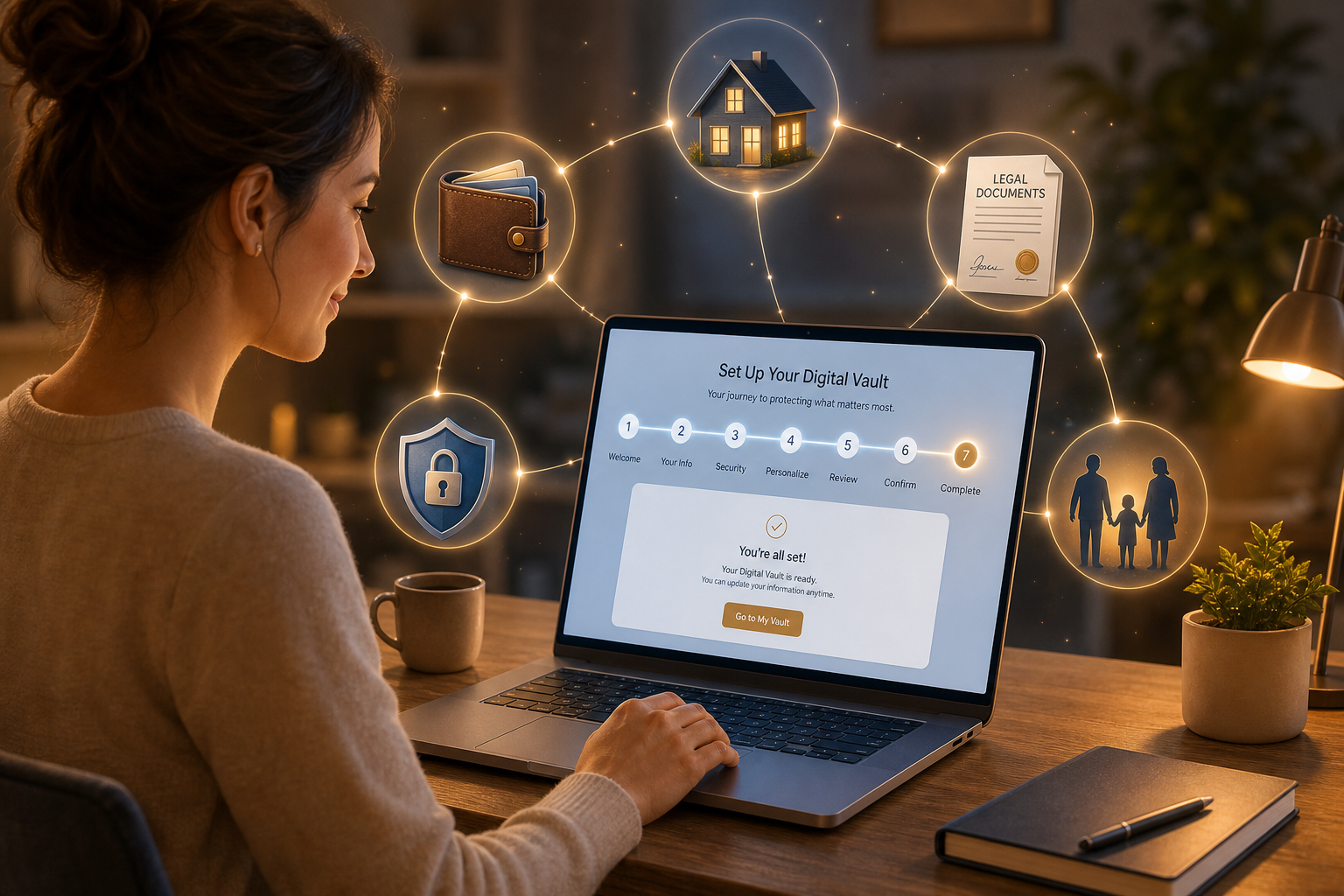 Woman completing digital vault setup on laptop with floating asset icons